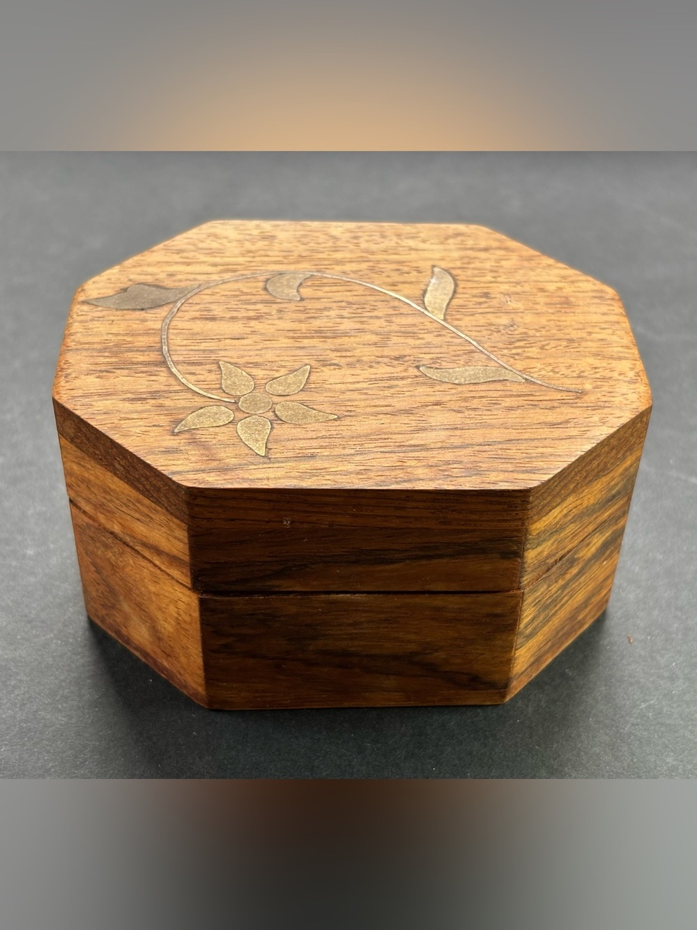 Octagonal Wood Jewelry Box with Inlaid Floral Detail
